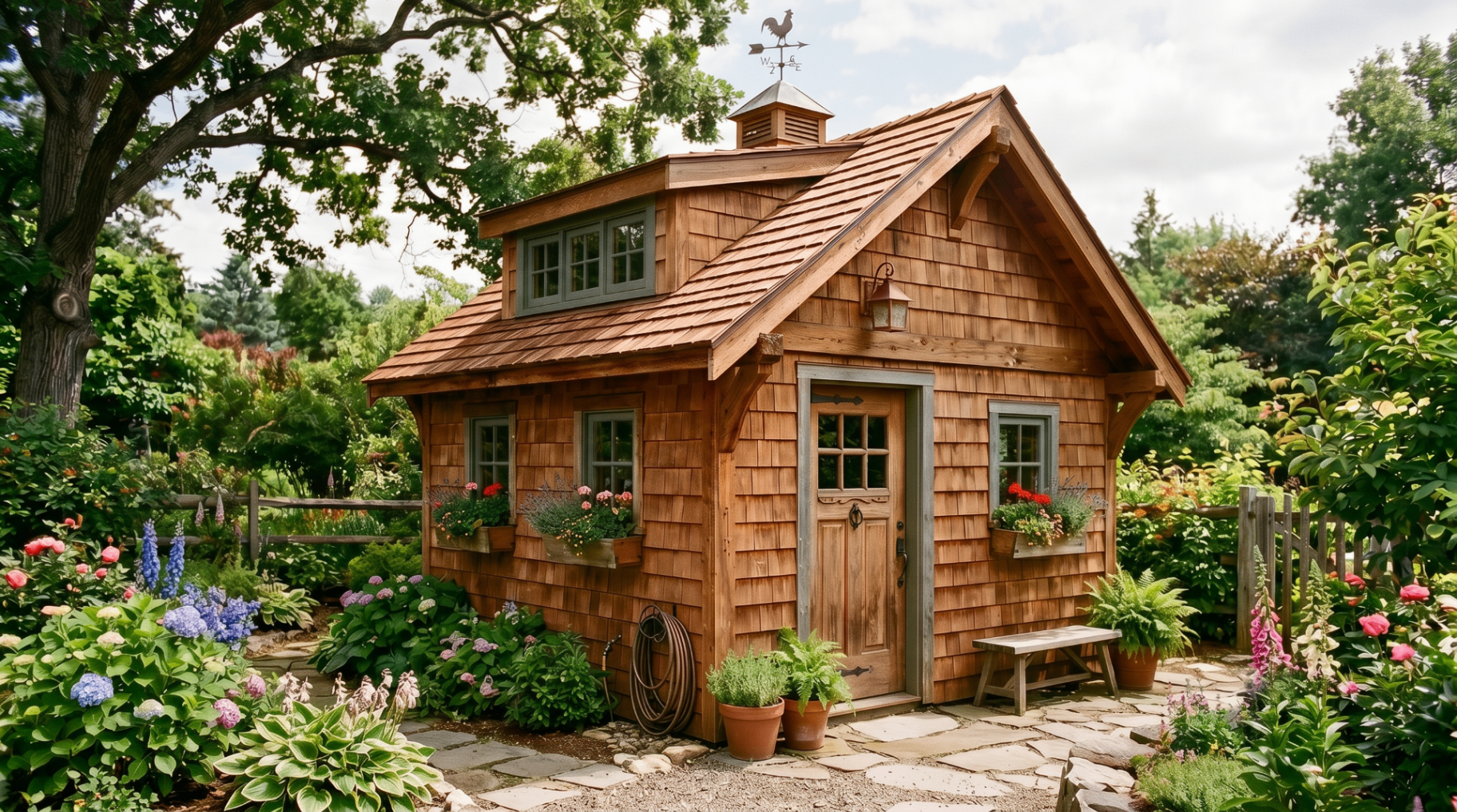 Backyard cedar shed clad in Western Red Cedar Shingles siding