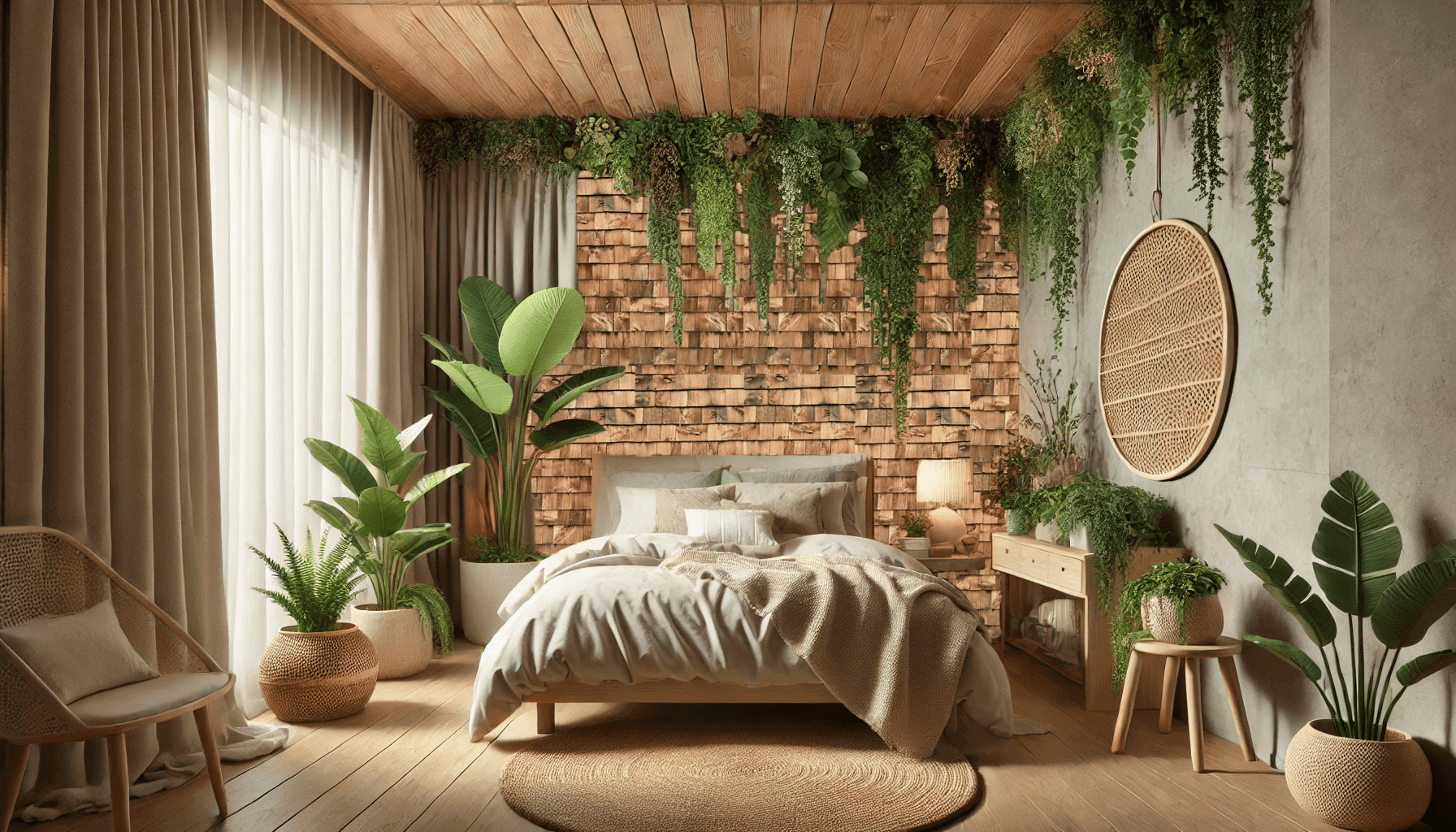 Cozy bedroom with brick wall and abundant greenery.