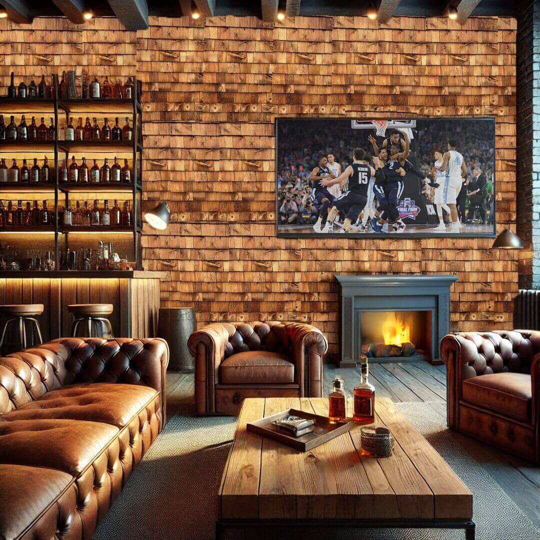 Cozy leather seating and a warm fireplace in a stylish lounge with brick walls.