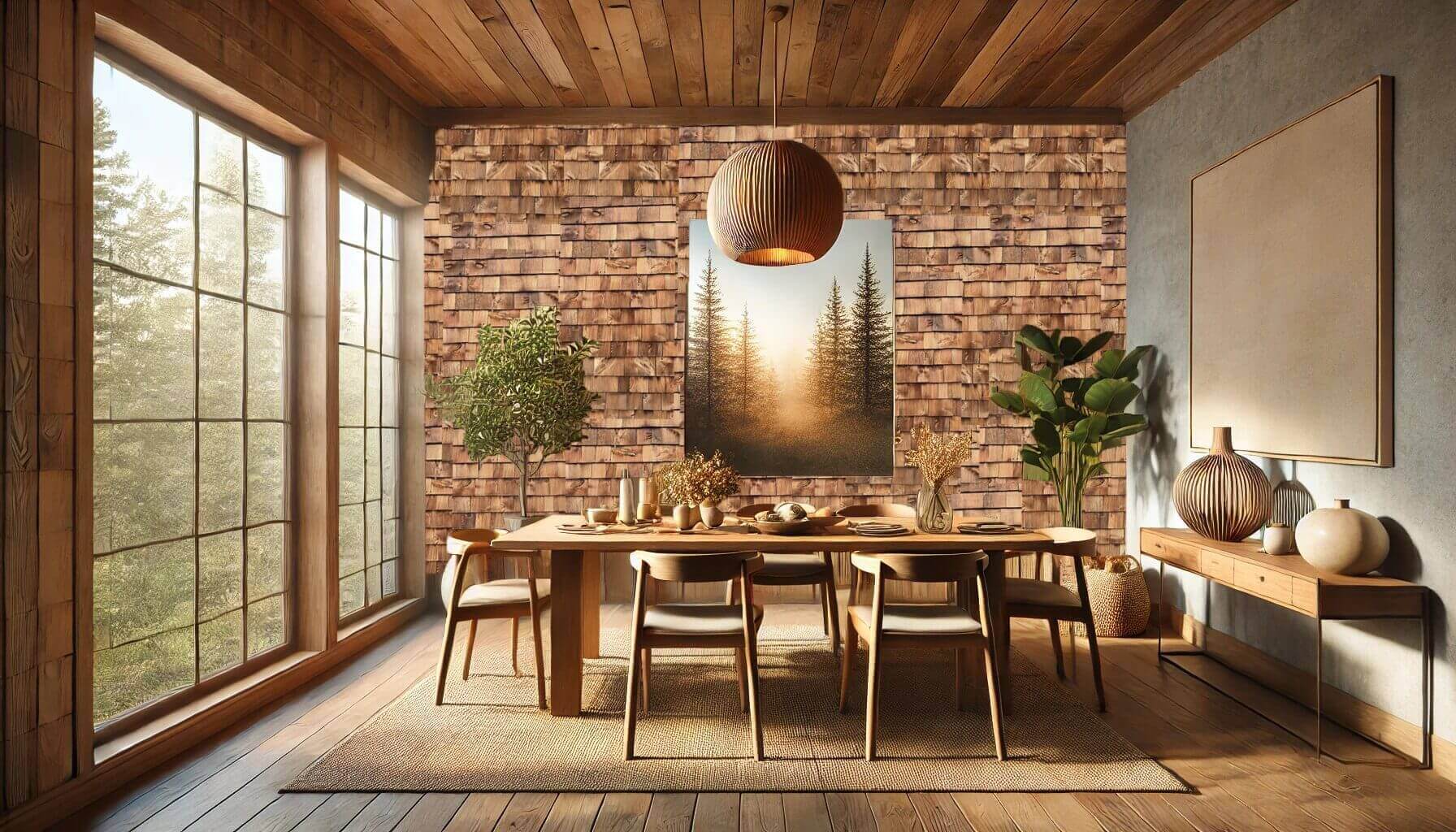 Cozy dining room with wooden furniture and brick wall.