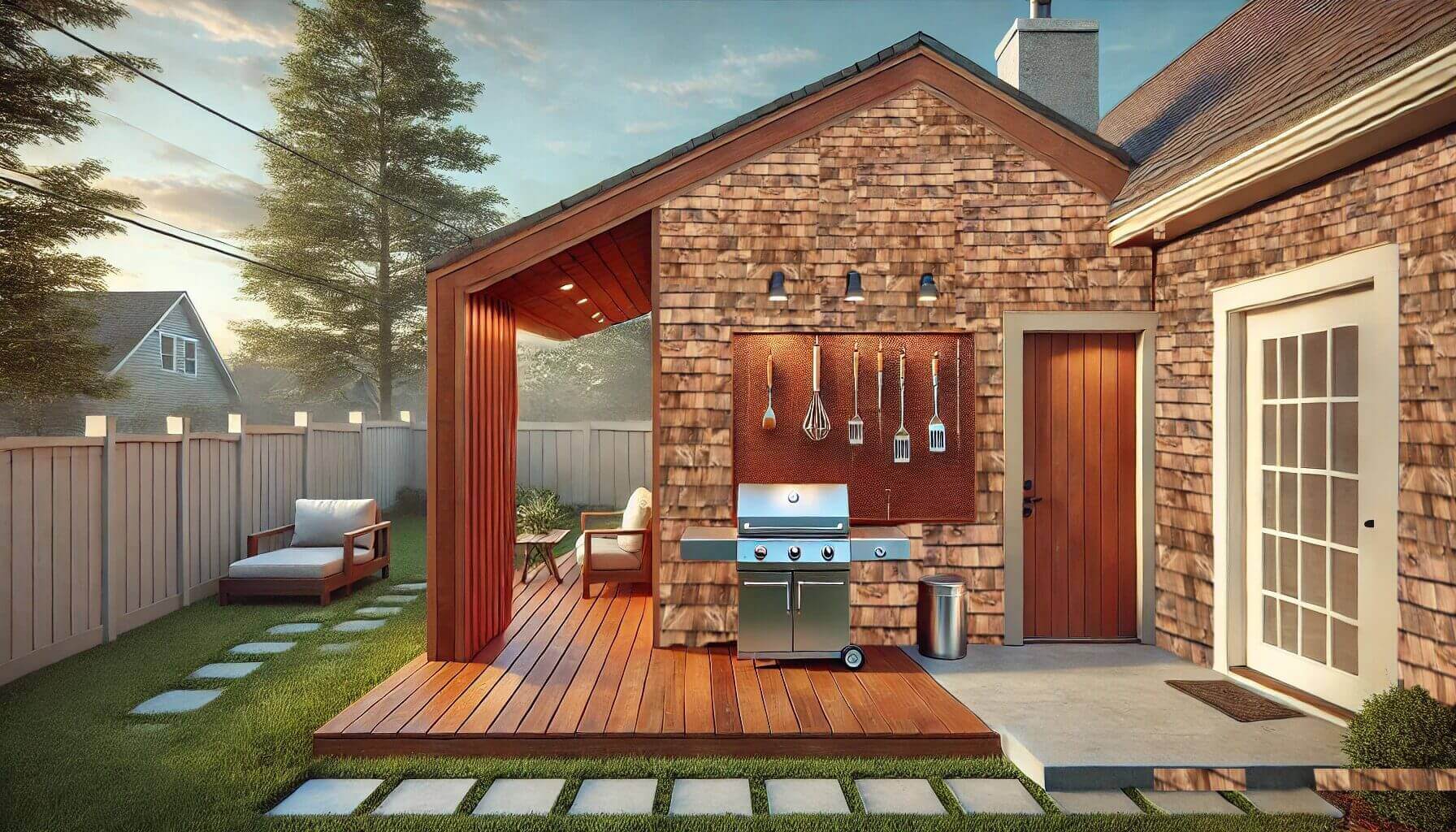 Cozy backyard grill area with brick walls and wooden deck.