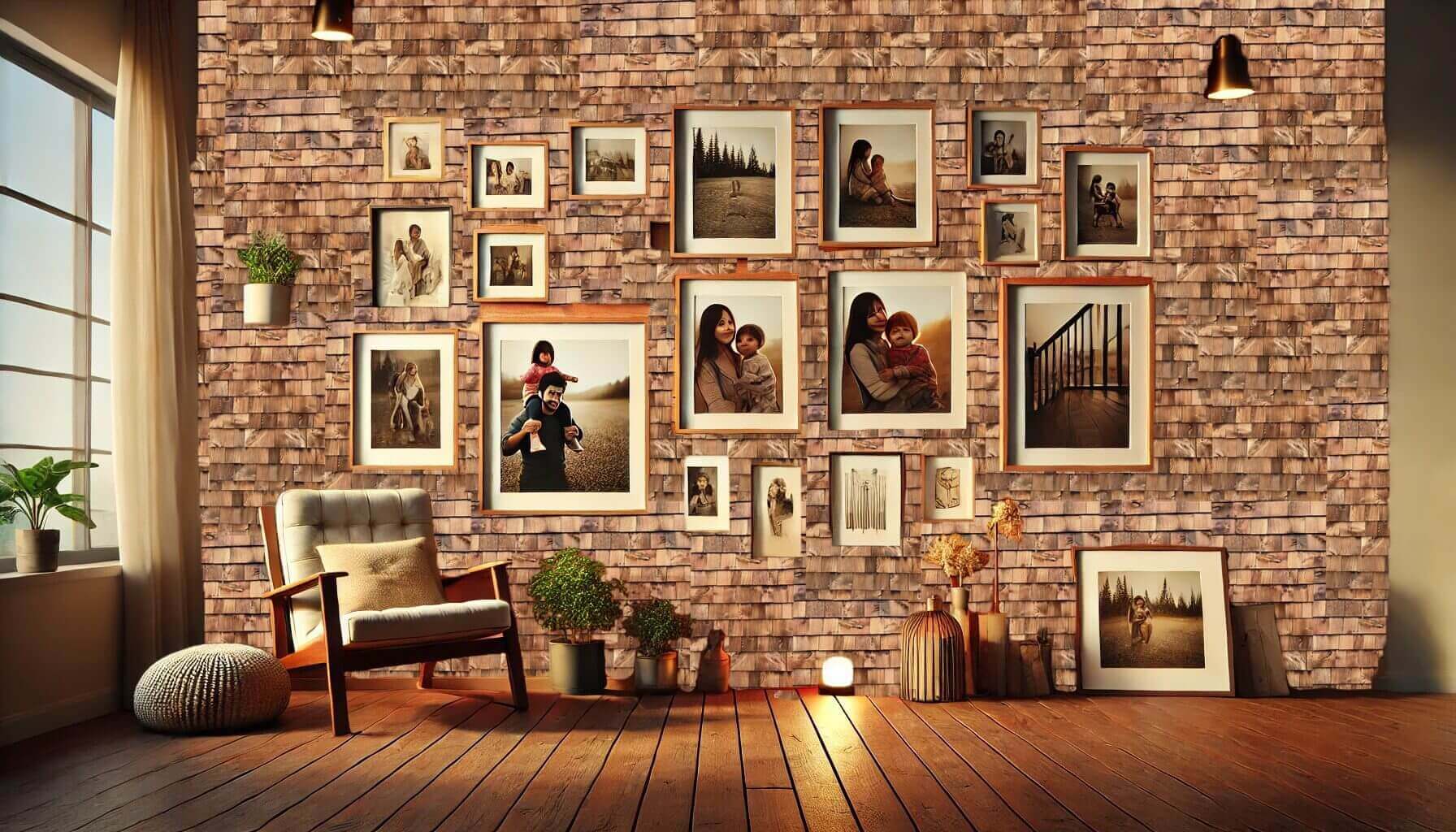 Cozy brick wall adorned with framed photos and warm lighting.