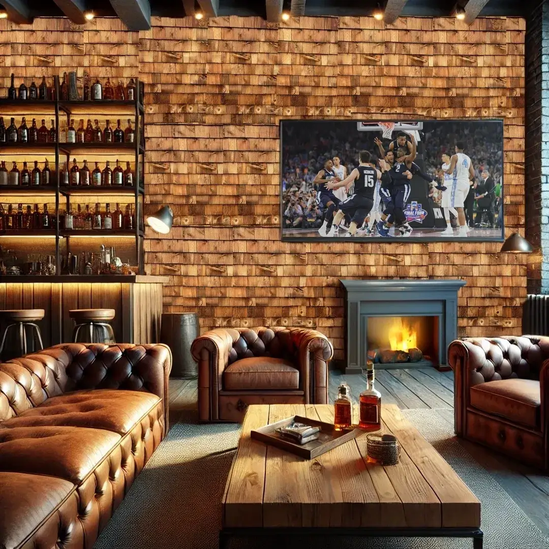 Cozy lounge with leather sofas and fireplace.