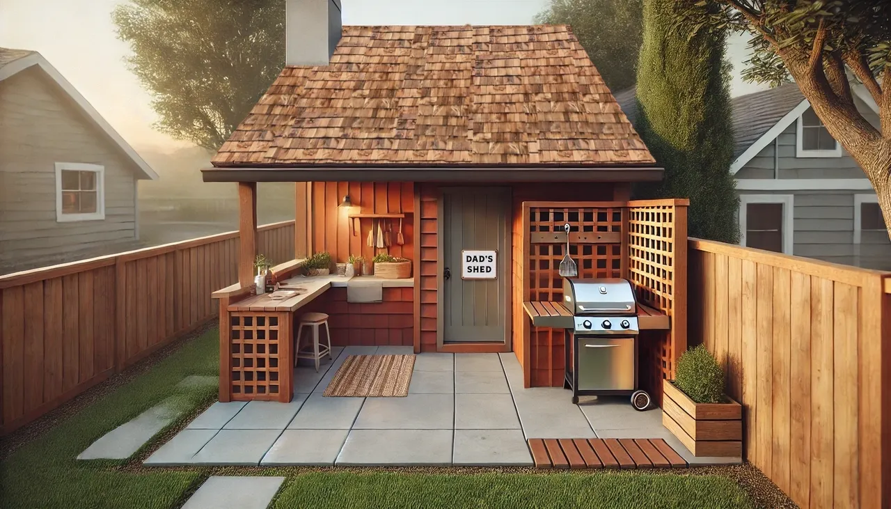 Backyard shed with barbecue grill setup.