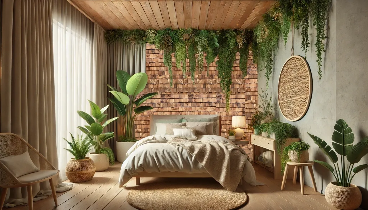 Cozy bedroom with plants and wooden decor.