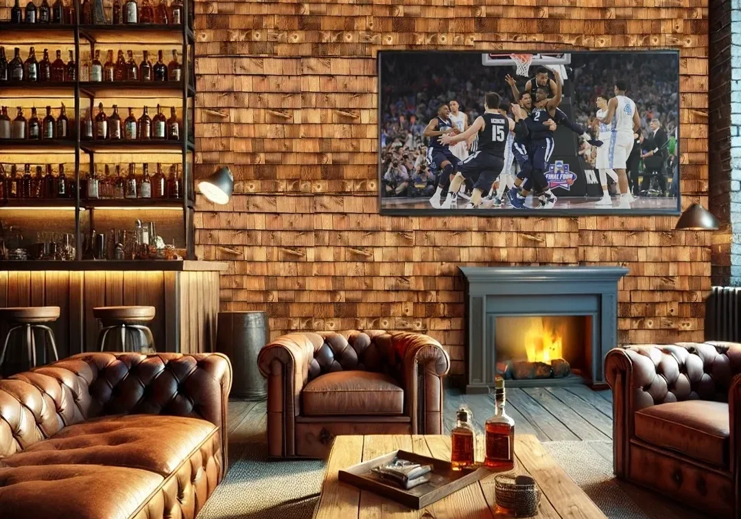 Cozy lounge with leather sofas and fireplace.