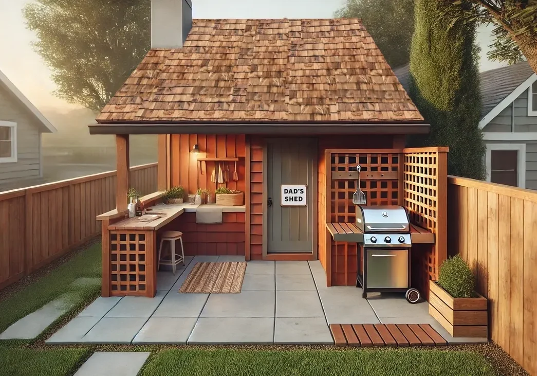 Backyard shed with barbecue grill setup.