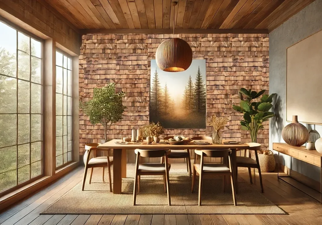 Rustic dining room with wooden furniture.