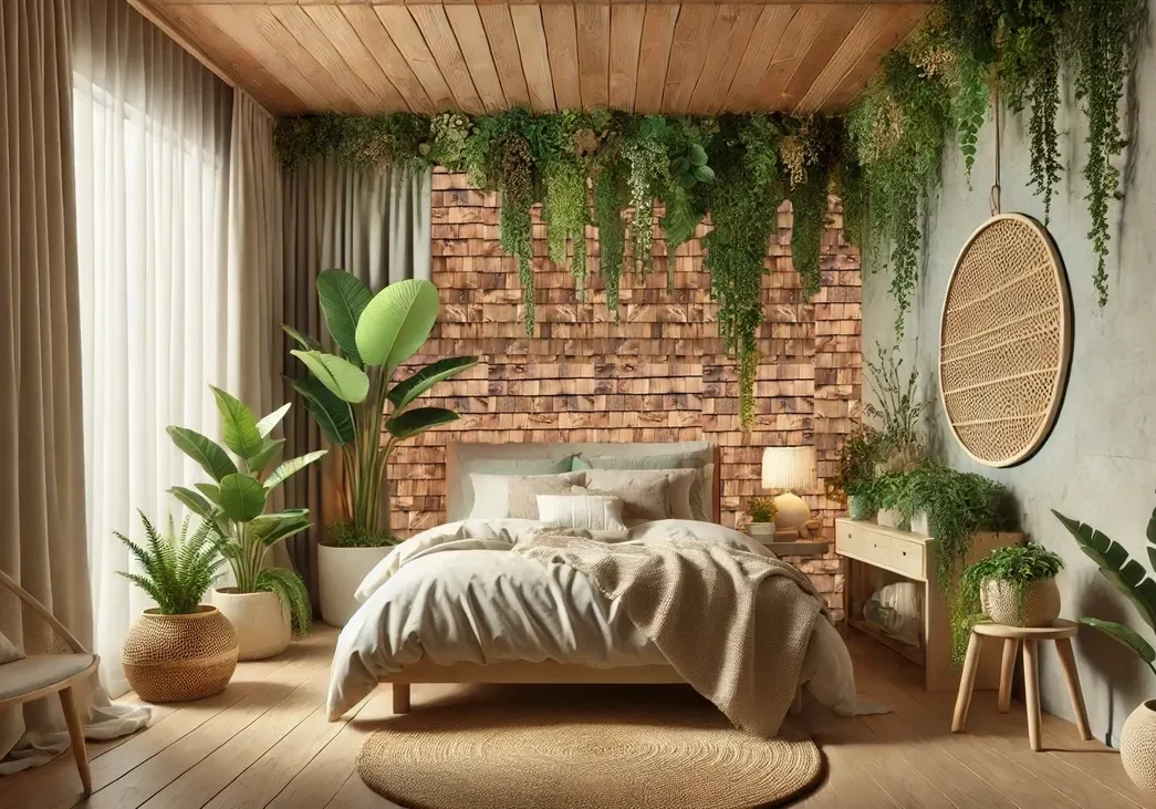 Cozy bedroom with plants and wooden decor.